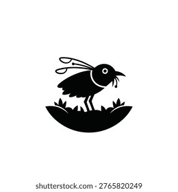 Black and white silhouette of a bird standing on a small patch of grass