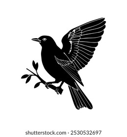 A black and white silhouette of a blackbird perched on a branch, with its wings partially raised as if preparing to take flight. 