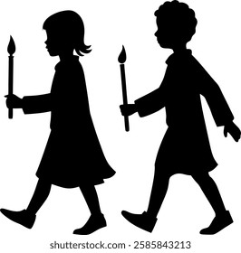 Black and white silhouette of a boy and a girl carrying candles while walking