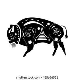 Black - white silhouette of a buffalo bull, bison is depicted in the style of ancient native peoples of the Americas, Africa, Australia and Asia.  plotted ancient  patterns. Taurus zodiac sign.