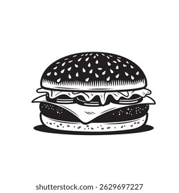Black and White silhouette Burger Illustration with Sesame Seeds