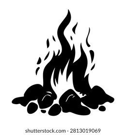 A black and white silhouette of a campfire with flames rising above rocks, symbolizing outdoor camping and wilderness activities.