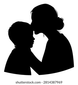 A black and white silhouette capturing a mother and child sharing a tender moment, emphasizing connection and love between them.
