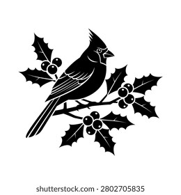 A black and white silhouette of a cardinal perched on a holly branch with berries.