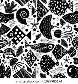 black and white silhouette of cartoon fishes and  underwater sea inhabitants with geometric ornament vector seamless pattern background