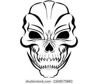 black and white silhouette cartoon illustration vector design of a skull head with a modified addition of two long canine teeth on its lower jaw