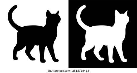 A black and white silhouette of a cat with alert posture, standing on all fours, showcasing feline curiosity and agility.