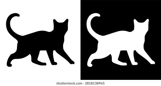 A black and white silhouette of a cat in a curious stance, highlighting feline posture and form with a plain background for versatile use.