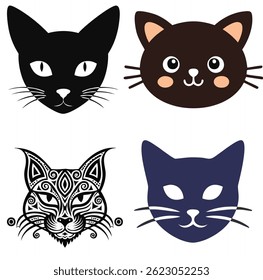 Black and white silhouette of a cat head with pointed ears, almond-shaped eyes, and clean minimal outlines in a bold vector style