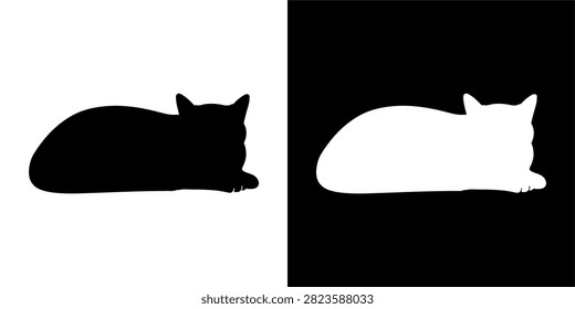 A black and white silhouette of a cat lying down, showcasing a peaceful resting pose on a flat surface, emphasizing calmness and feline grace.