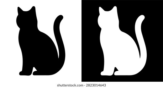 A black and white silhouette of a cat sitting with its tail curled, emphasizing feline shape and posture against contrasting backgrounds.