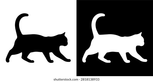 A black and white silhouette of a cat walking, capturing its curious and graceful posture on a plain background.