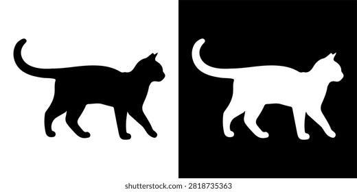 Black and white silhouette of a cat walking with tail curled, emphasizing feline grace and movement, suitable for animal or pet-themed projects.