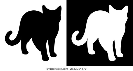 A black and white silhouette of a cat walking, showcasing feline grace and agility on a plain background.