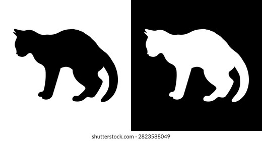 Black and white silhouette of a cat walking, showcasing feline grace and agility, suitable for various creative and design projects.