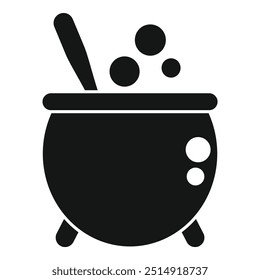 Black and white silhouette of a cauldron, with a magic potion bubbling inside and a wooden spoon