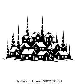 A black and white silhouette of a charming winter village, featuring numerous houses with snow-capped roofs and tall, stylized pine trees.