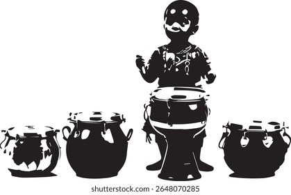 A black and white silhouette of a child playing drums, surrounded by four drums in a simple illustration