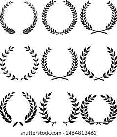 black and white silhouette circular laurel foliate and wheat wreaths Stamp