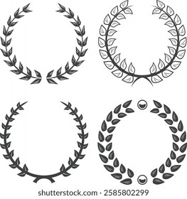 black and white silhouette circular laurel foliate and wheat illustrations wreaths Stamp for national logos