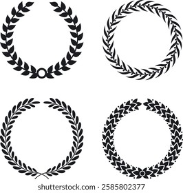 black and white silhouette circular laurel foliate and wheat lace wreaths Stamp for national logos and panting