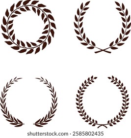 black and white silhouette circular laurel foliate and wheat illustrations wreaths Stamp for national logos and wall panting