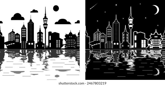 Black and white silhouette of the city.Two patterns with black and white silhouettes of the city at night and daytime with reflection in the water.
