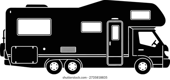 Black and White Silhouette of Class C Motorhome with Cab-Over Design