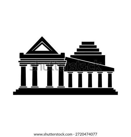 A black and white silhouette of a classical building with columns and a triangular pediment.