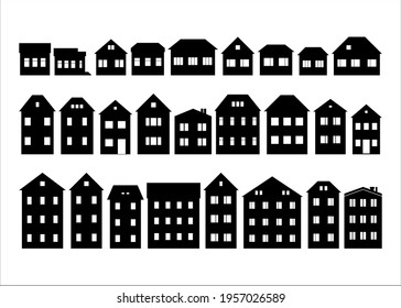 Black and white silhouette clipart of houses and buildings in small-town street