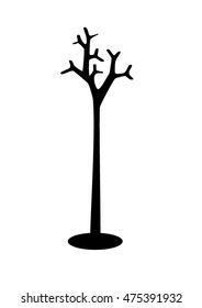 A black and white silhouette of a coat and hat stand