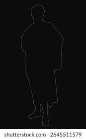 Uma silhueta em preto e branco de um homem confiante de pé com as mãos nos quadris, marcando uma pose poderosa contra um fundo preto sólido. O contorno limpo destaca sua postura forte e ousada.