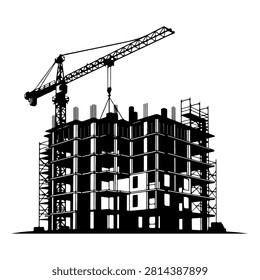 Black and white silhouette of a construction site featuring a tower crane and building framework under development.