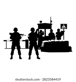 Black and white silhouette of construction workers and heavy machinery on a building site, highlighting industrial labor and construction activities.