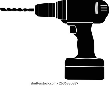 Black and white silhouette of a cordless electric drill side view illustration. 