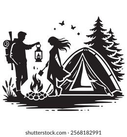 Black and white silhouette of a couple camping together, with a tent, a campfire and trees. Vector illustration. Isolated love couple silhouettes on white background. Nature.