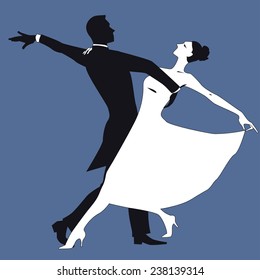 Black and white silhouette of a couple dancing waltz, vector illustration