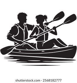 Black and white silhouette of a couple kayaking together. Both are sitting in a kayak, holding paddles, and wearing life jackets.  Isolated man and woman vector silhouettes on white background.