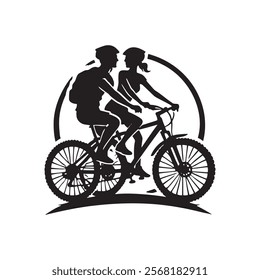 Black and white silhouette of a couple riding bicycles together, wearing helmets and enjoying an outdoor activity. Sports. Isolated man and woman vector silhouettes on white background.