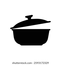 Black and white silhouette of a covered cooking pot, symbolizing home cooking, kitchen essentials, food preparation, and culinary activities.