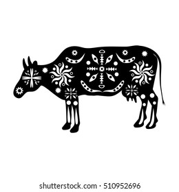 Black - white silhouette of a cow with patterns and ethnic ornaments, ornaments of ancient tribes and peoples of Africa, Asia and India. Zodiac sign.