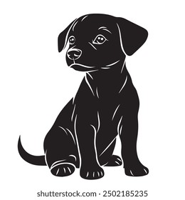 Silueta en blanco y negro de un lindo perro cachorro sentado en un diseño minimalista simple. Diseño de tarjetas de felicitación, carteles, parches, estampados en la ropa, emblemas. Cachorro mascota.