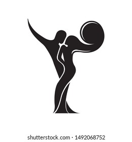 Black and white silhouette of a dancing couple in vector. Monochrome logo for dance Studio. Latin, ballroom dancing. Label, sign, sticker. Man and woman dancing.