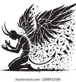 Black and white silhouette of dark fallen angel demon kneeling with broken wings. Dramatic emotional beautiful isolated fallen angel on white background.