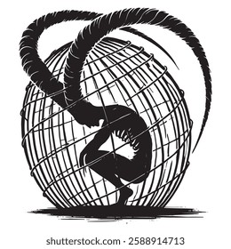 Black and white silhouette of a demon trapped inside a spherical cage. Vector evil with large, curved horns. Isolated dramatic illustration on white background.