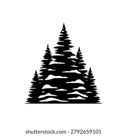 A black and white silhouette of a dense pine forest covered in snow, creating a stark winter landscape.