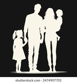 A black and white silhouette depicting a family, consisting of two adults and two children.