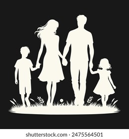 A black and white silhouette depicting a family, consisting of two adults and two children.