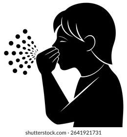 A black and white silhouette depicts a person sneezing while covering their mouth with their hand. This monochrome graphic effectively communicates the act of sneezing