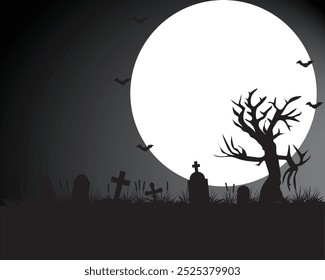 Diseño de silueta en blanco y negro de un cementerio en medio de la noche con la apariencia de árboles secos, así como tumbas y lápidas y también cruces y luego una luna Grande visible en la parte posterior